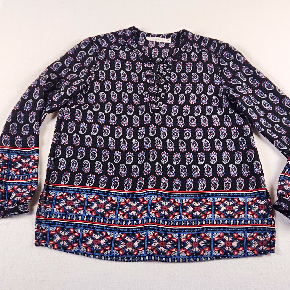 LUSH Women's Navy Rust Paisley Long Sleeve Ruffle Pullover Blouse Size S